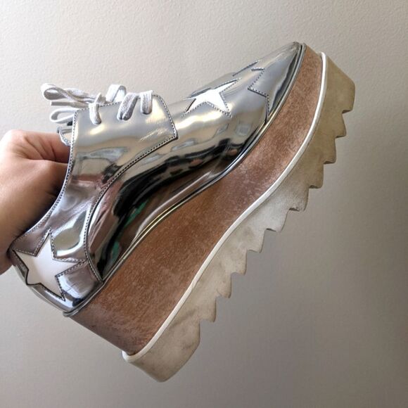 𝅺STELLA McCartney Elyse platform star shoes silver white wood
